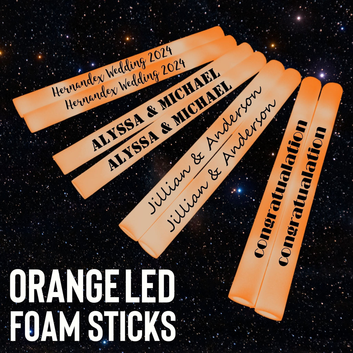 six orange foam stick with names on them