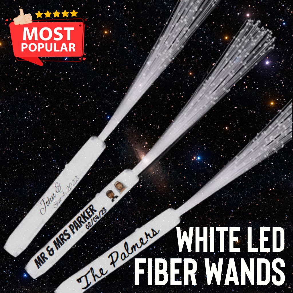 three white led fiber wands with the words most popular