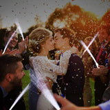 a newly married couple kissing in front of a group of people